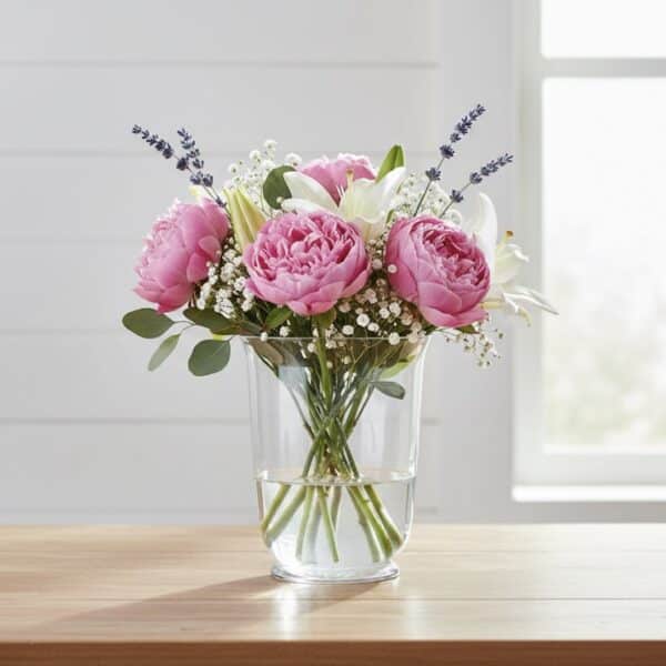 זר פרחים צבעוני עם שושנים וליליות, במיכל שקוף, על שולחן ליד חלון.