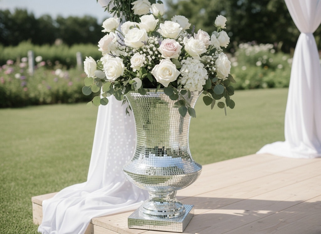vase מעוצב עם פרחים לבנים בשטח פתוח לקראת אירוע, מתאים להשכרת ציוד לאירועים.